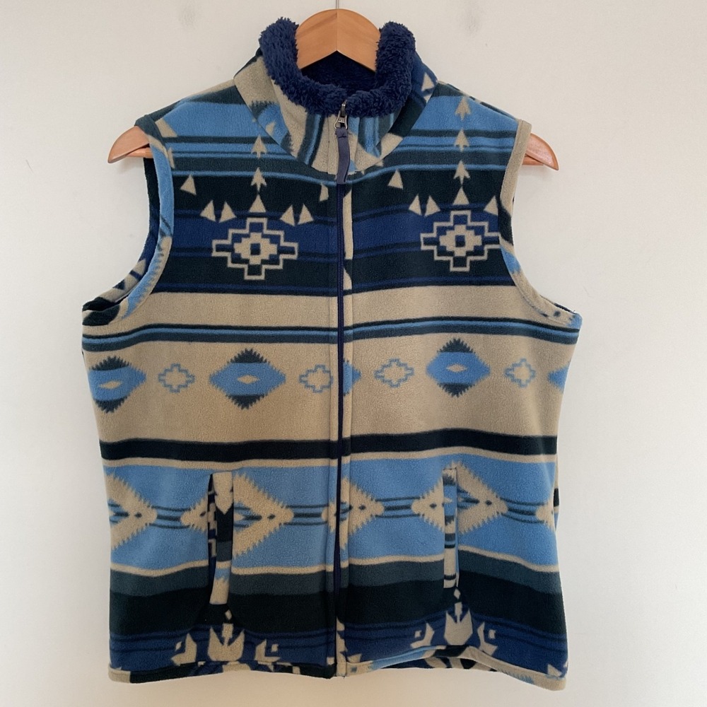 Jane Ashley Womens Blue Aztec Southwestern Fleece Vest M Sherpa Lined Full Zip